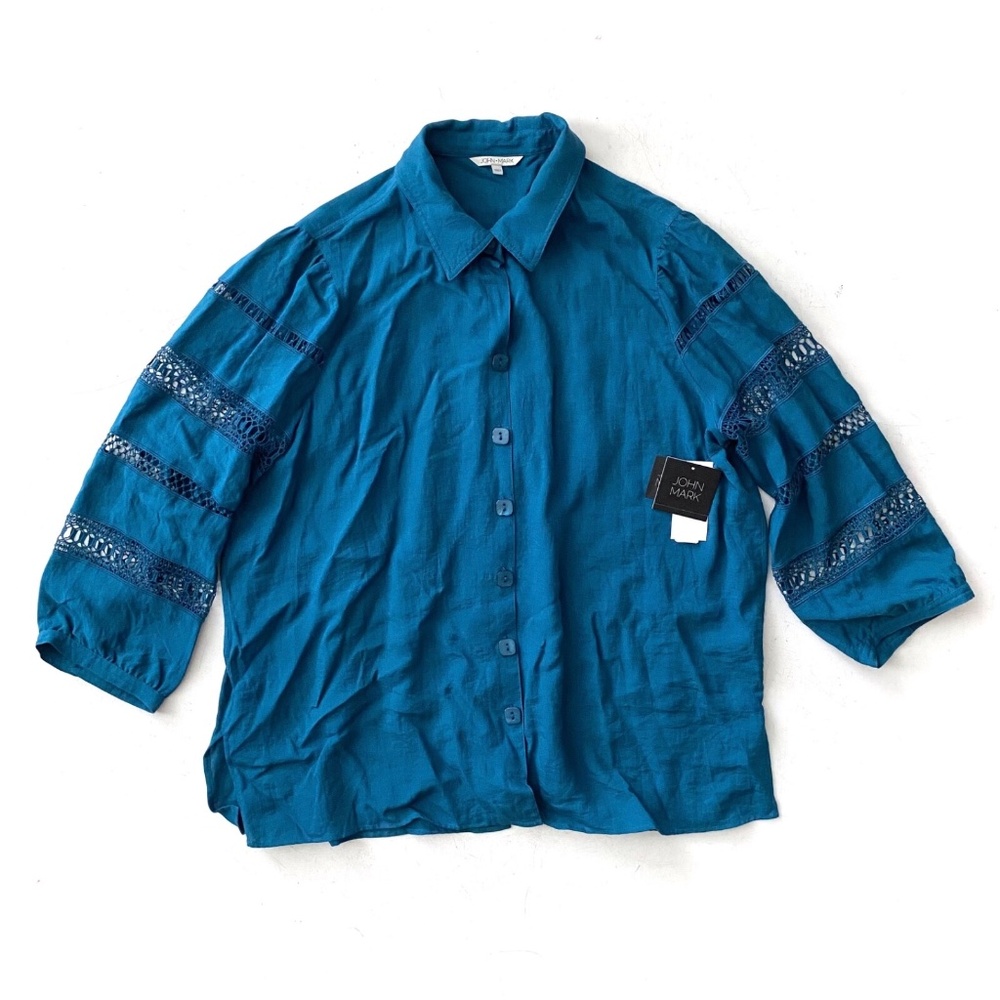 John Mark Nwt Dark Teal Collar Button Cuff 3/4 Sleeve Button Front Shirt Top